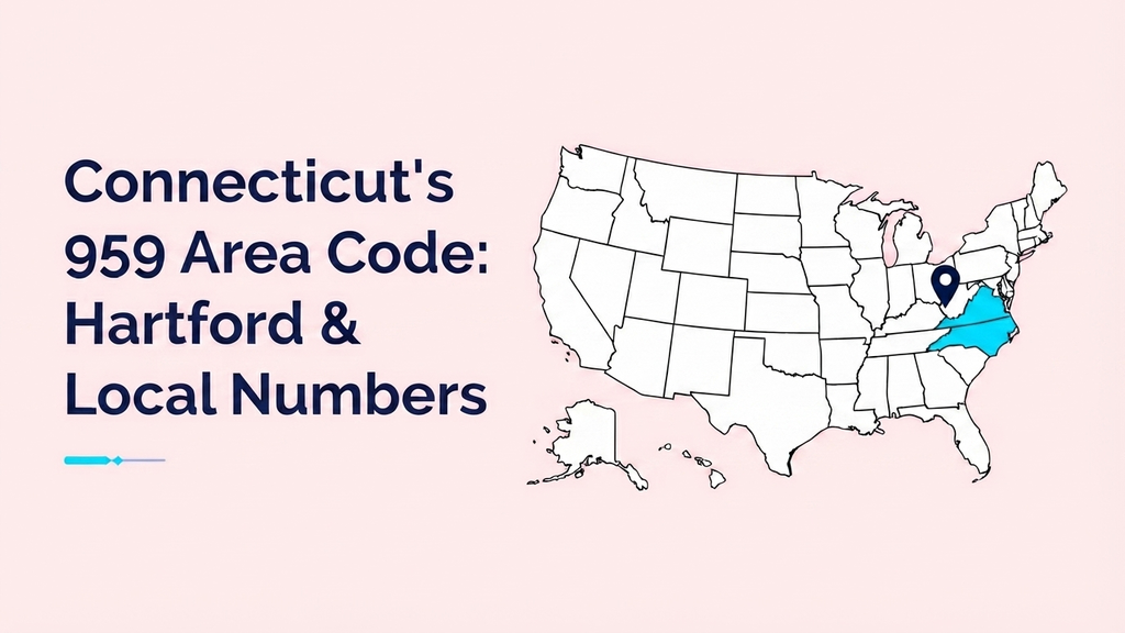 US map highlighting Connecticut, a pin on Hartford, a state capitol dome silhouette, and a 959 badge in cyan and violet