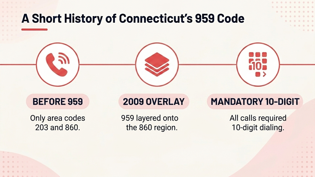 Timeline infographic tracing Connecticut's area code history from 203 covering the whole state in 1947, through the 860 split in 1995 for Hartford and eastern Connecticut, to the matching 475 and 959 overlays launching together in 2009, on a pale blue background with a ghosted Connecticut outline