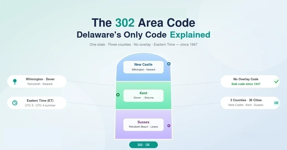 302 area code — Delaware's only area code since 1947, covers all three counties statewide, no overlay, Eastern Time