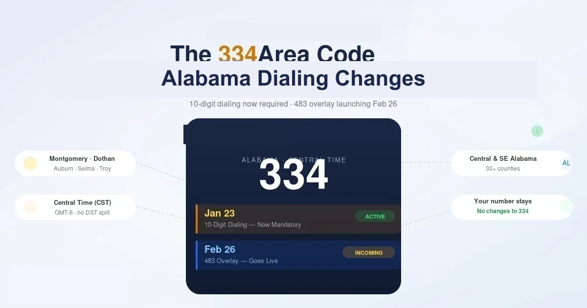 334 area code — central and southeast Alabama, 10-digit dialing mandatory since January 23, 2026, with the new 483 overlay arriving February 26, 2026