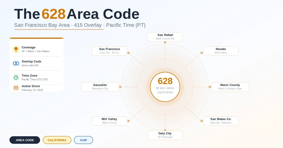 628 area code — San Francisco overlay of 415 since March 21 2015, covers SF, most of Marin, and NE San Mateo corner, Pacific Time