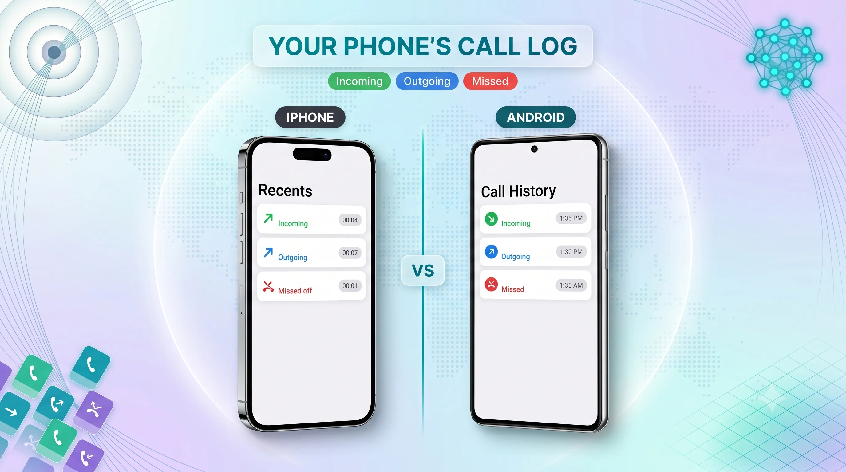 Your phone's call log compared on iPhone Recents and Android Call History, showing incoming, outgoing, and missed calls with timestamps