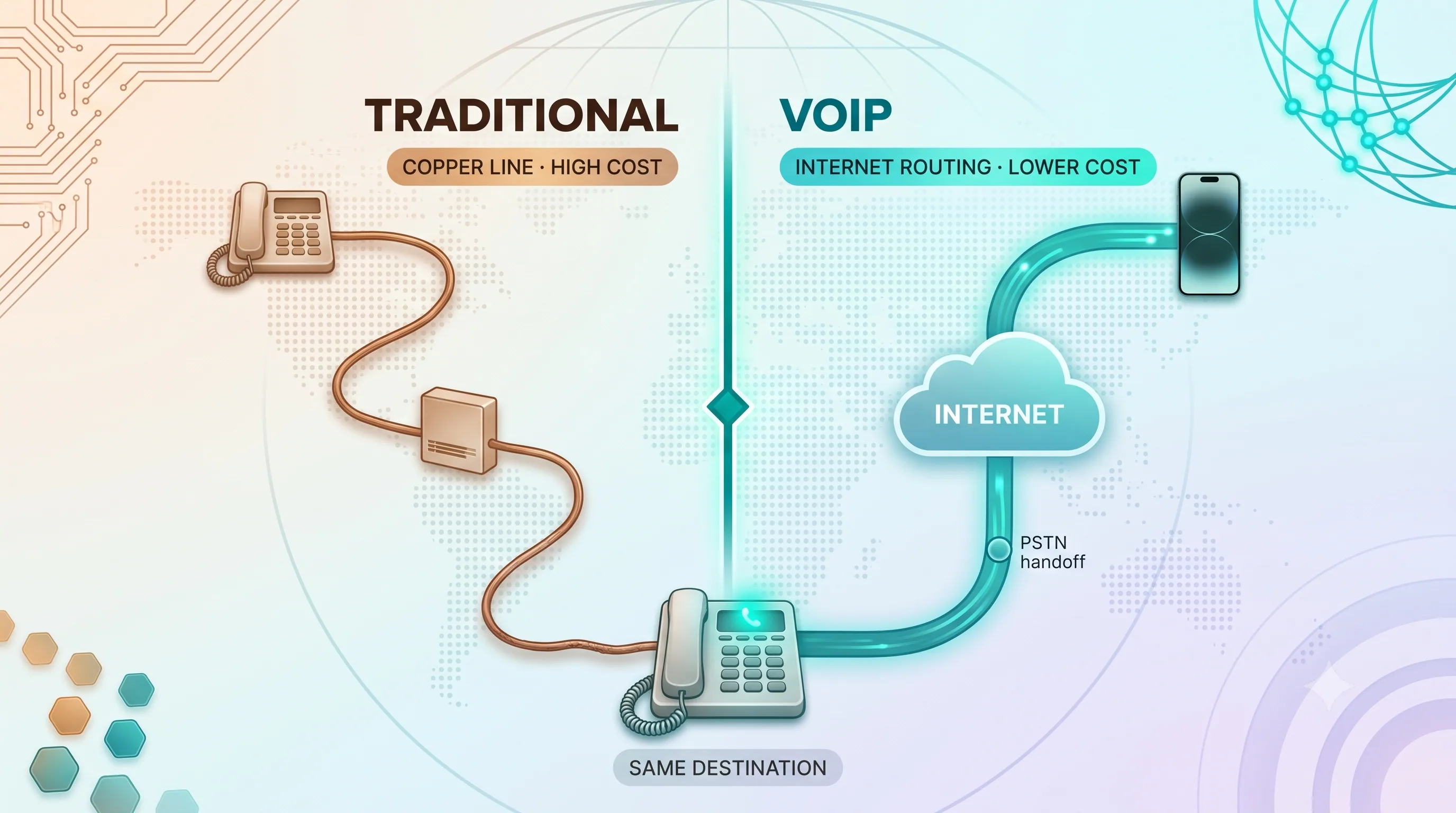 Traditional copper-line calling versus VoIP internet routing, both reaching the same landline destination