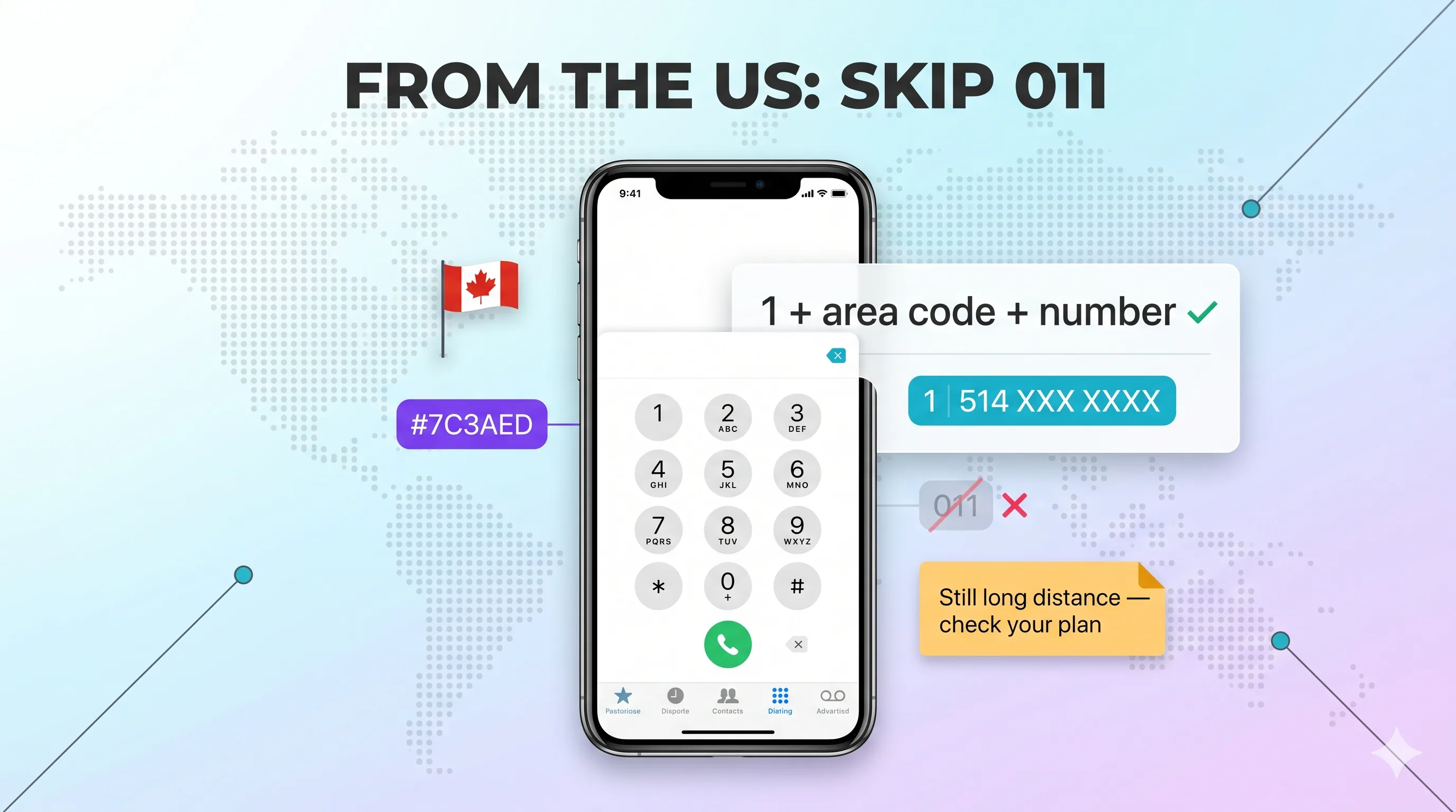 Phone dialing 1 plus area code plus number to call Canada from the US, skipping the 011 exit code