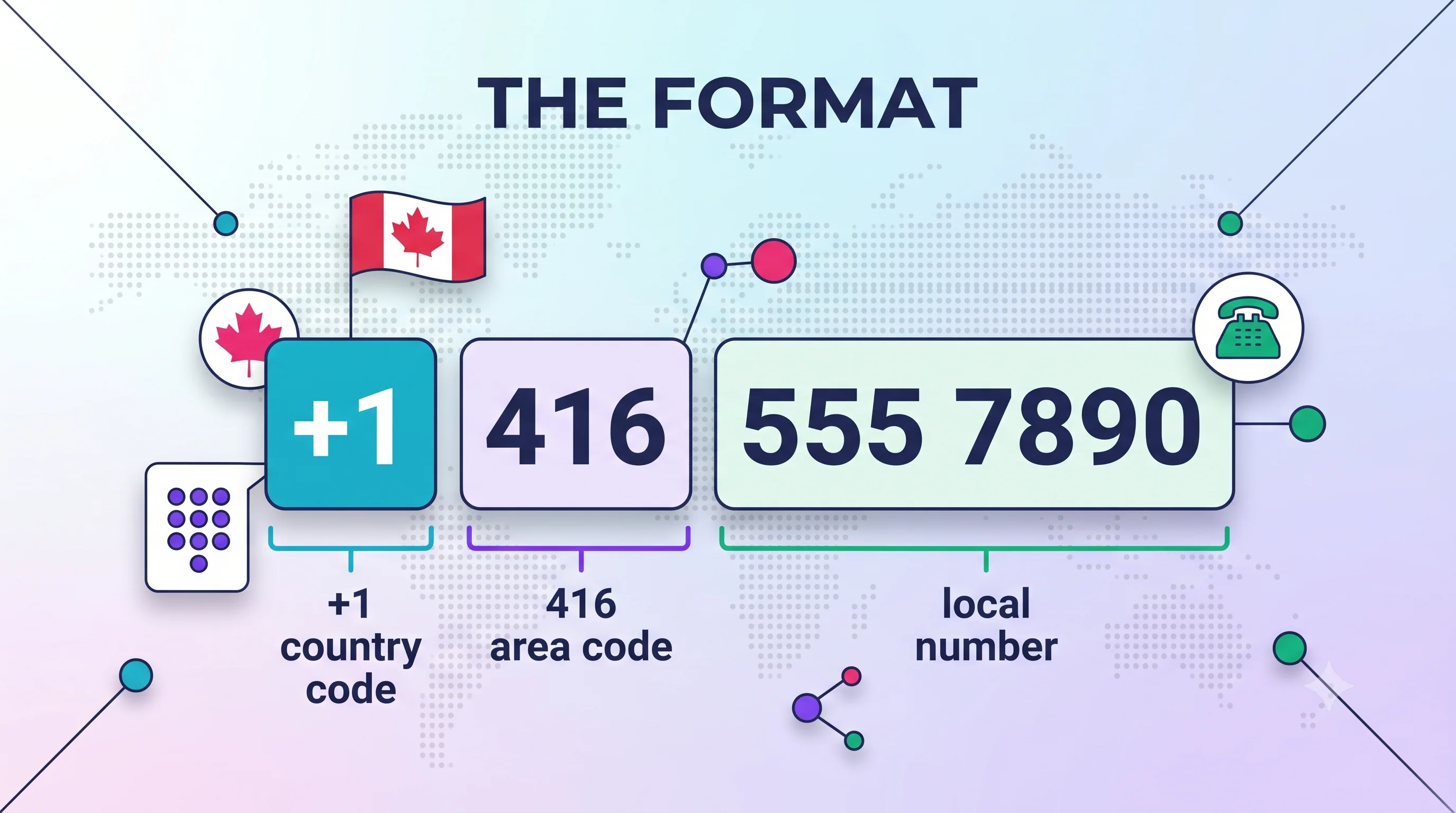 Diagram showing the +1 country code shared by the United States, Canada, and the Caribbean, told apart by area code