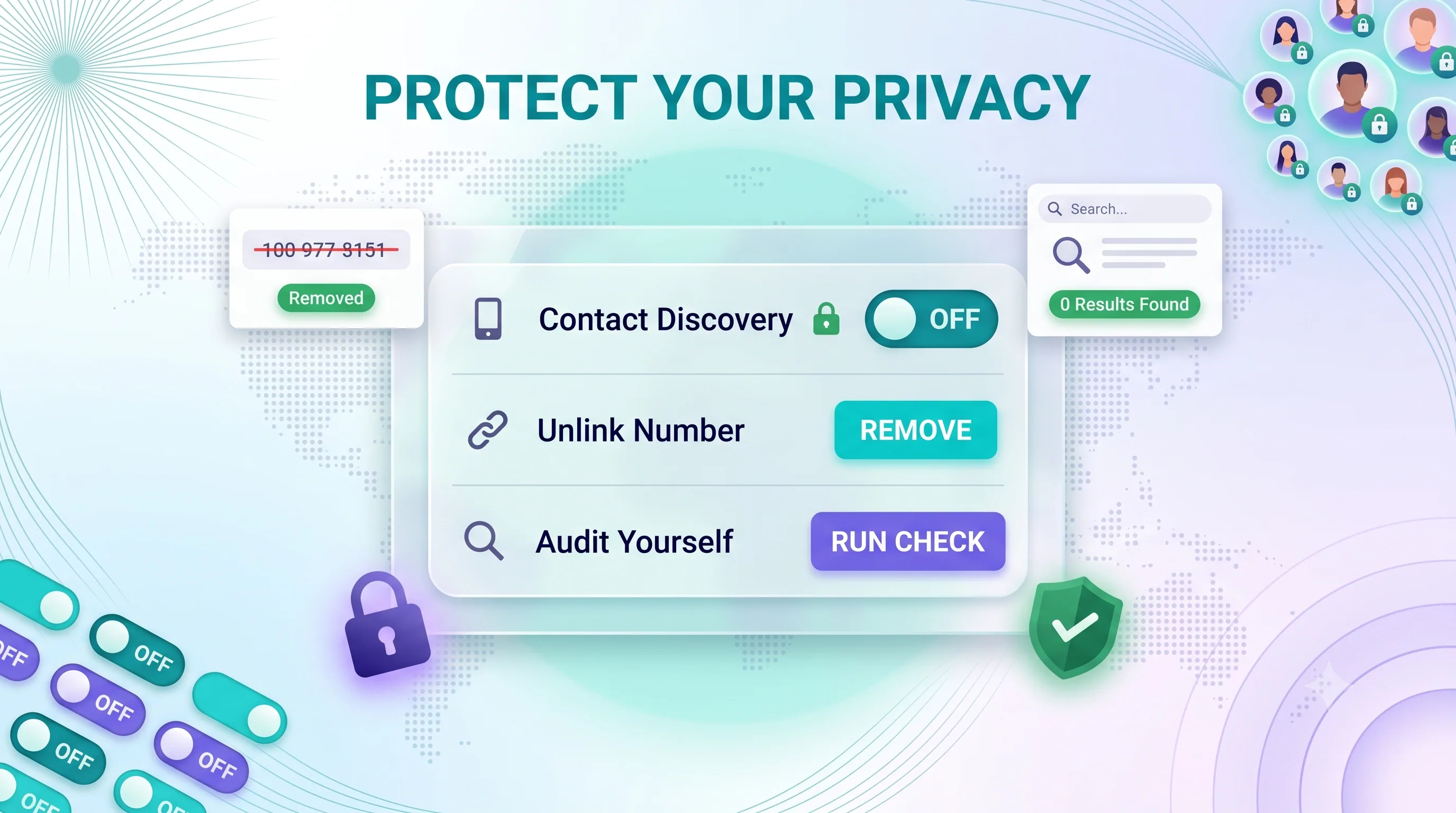 Infographic showing how to protect your privacy: turn off contact discovery, unlink your number, and audit yourself