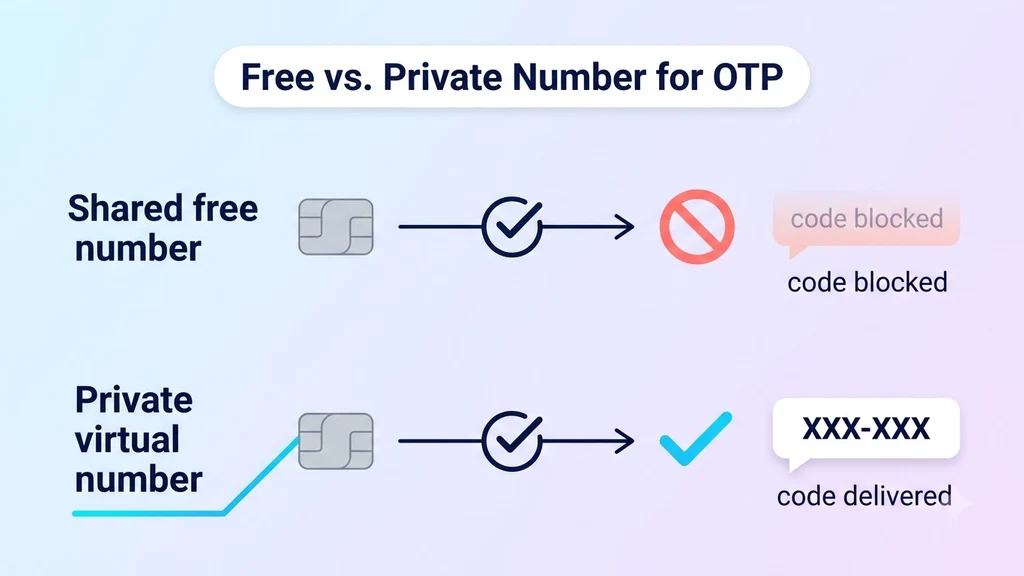 A single private phone number successfully receiving a verification code, contrasted with a crossed-out shared public number