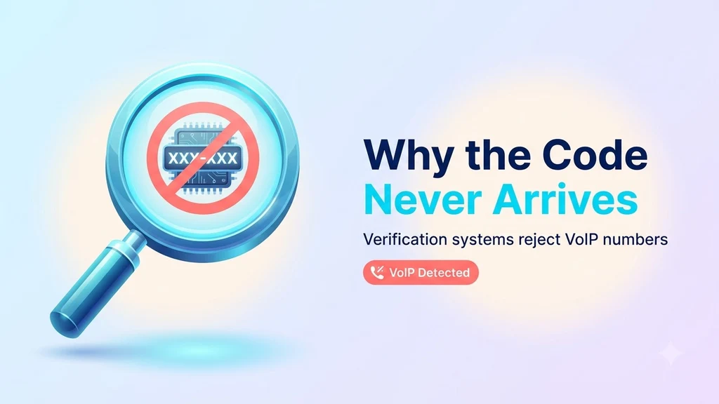 A verification system checking a phone number against a VOIP registry and rejecting it before sending a code