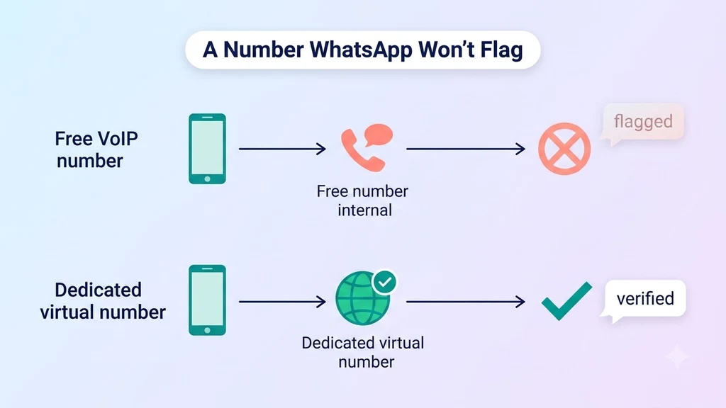 A dedicated virtual number passing WhatsApp verification cleanly, contrasted with a flagged free number