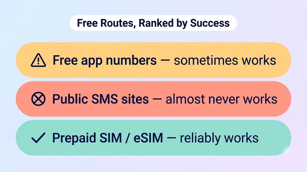 Three tiers of free number sources for WhatsApp ranked by how often verification actually succeeds