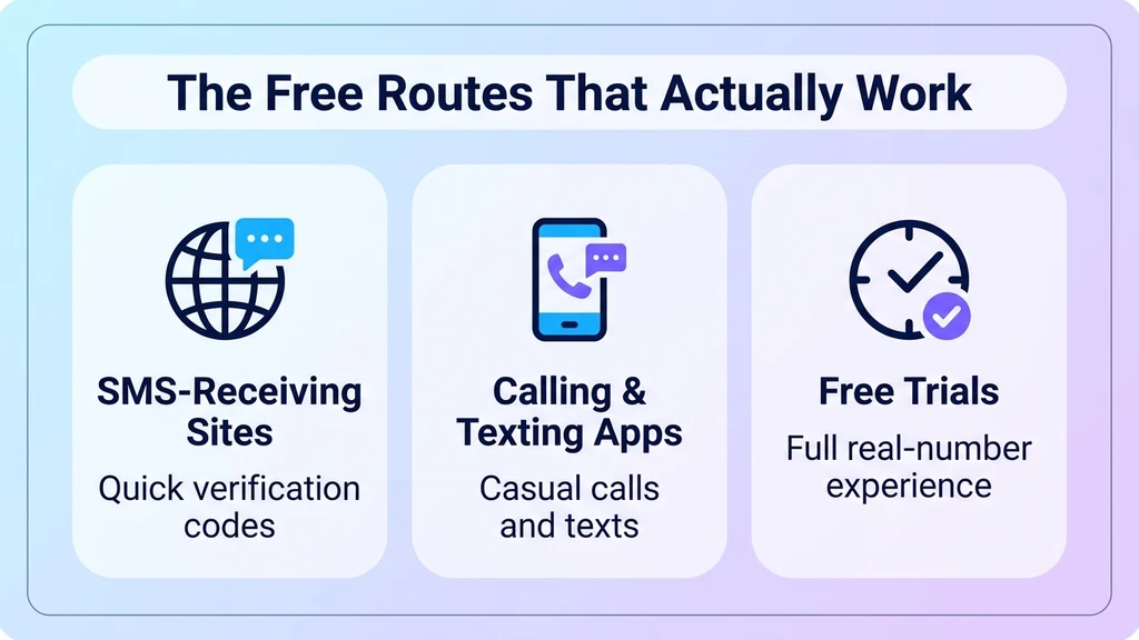 Three panels labeled SMS-receiving sites, calling and texting apps, and free trials