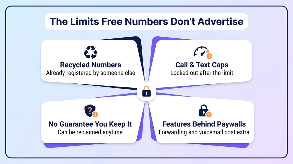 Four hidden limits of free US numbers: recycled numbers, call and text caps, no guarantee you keep it, and features locked behind paywalls