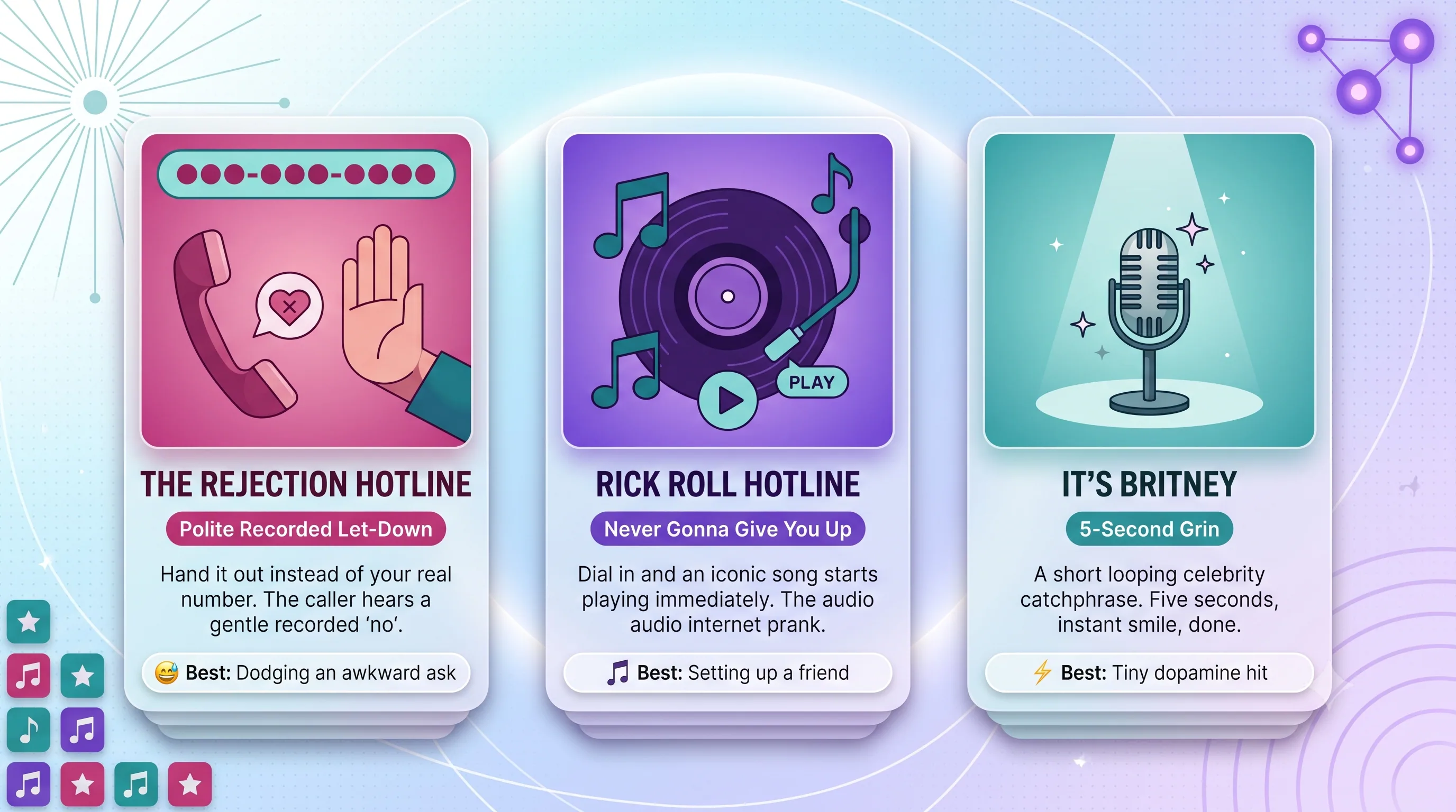 Three instant-laugh hotlines: The Rejection Hotline polite recorded let-down, the Rick Roll Hotline, and the It's Britney 5-second catchphrase line