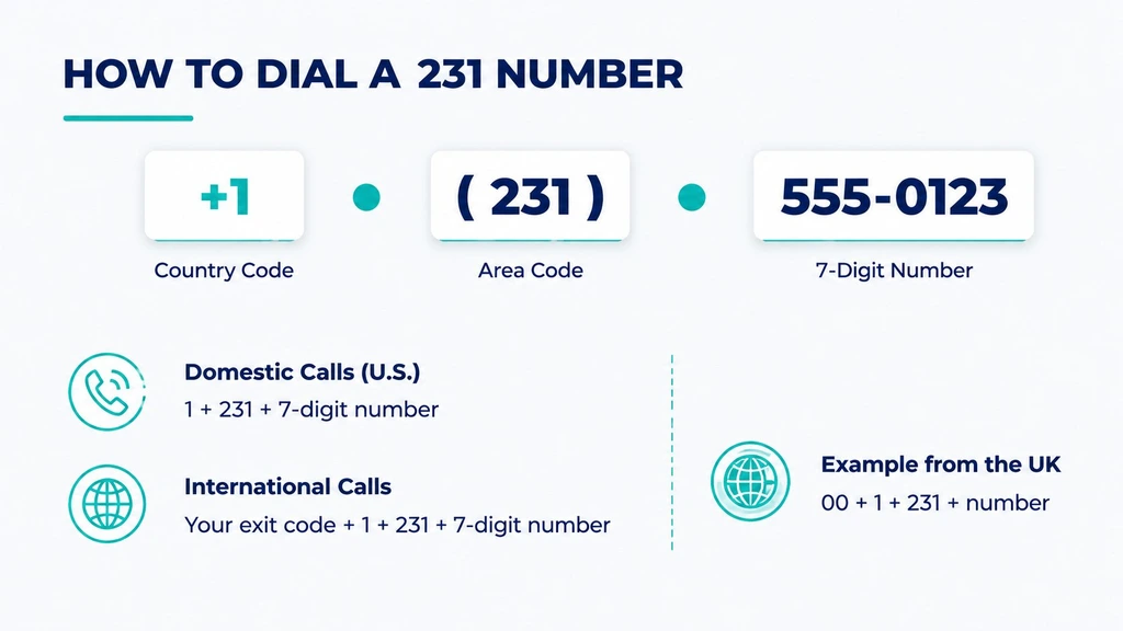 How to dial a 231 number — country code, area code, and seven-digit number