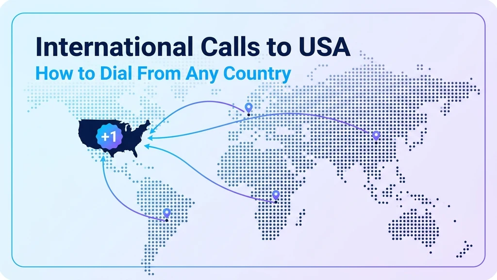 Guide to making international calls to the USA showing exit codes by region, the +1 country code, and a 10-digit US number