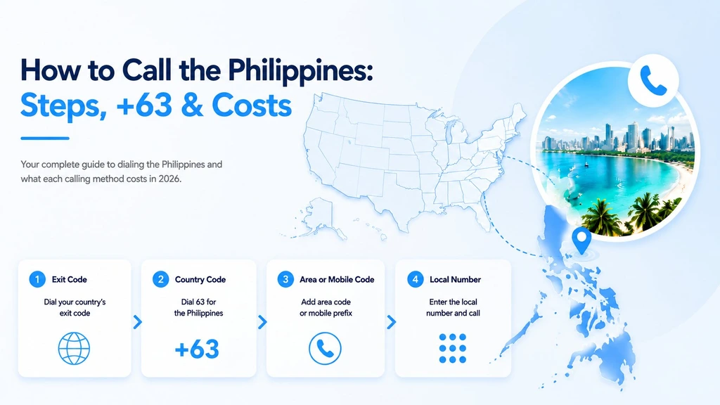 Guide to calling the Philippines showing dialing steps, +63 country code, and per-minute costs