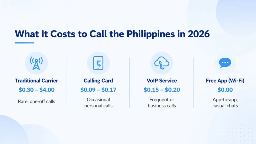 What it costs to call the Philippines in 2026 comparing carriers, calling cards, VoIP, and free apps