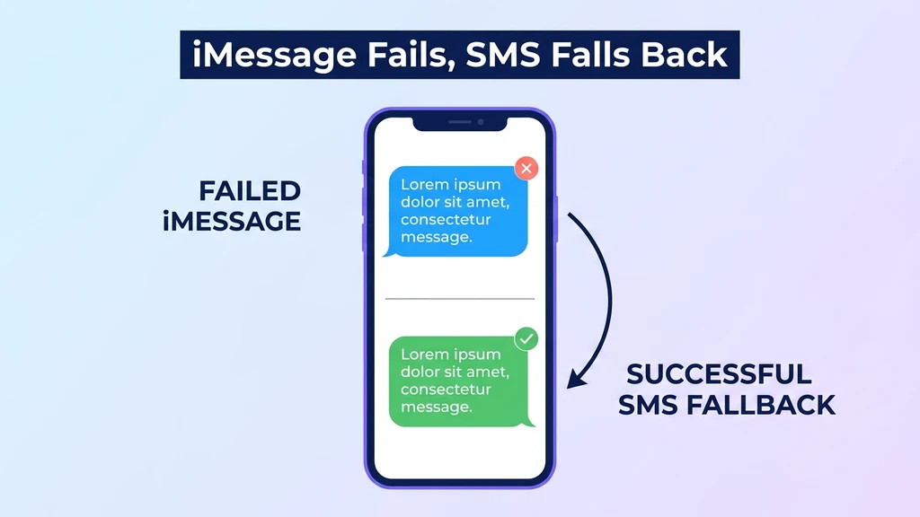 iPhone showing a blue iMessage bubble failing and automatically falling back to a green SMS bubble