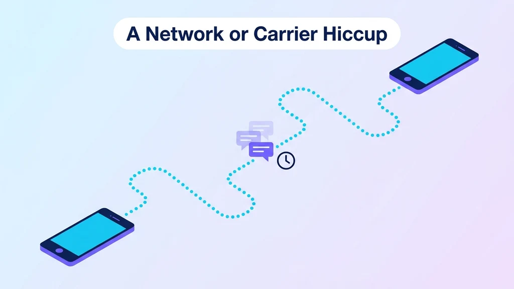 Text message stuck in a queue between two phones, representing a temporary network or carrier delay before delivery