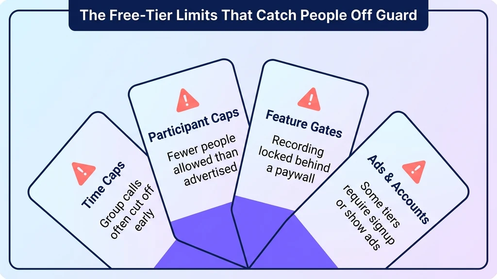 Four common free-tier limits across video calling apps: time caps on group calls, participant caps, feature gates, and ads