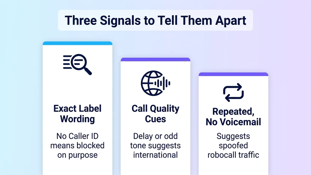 Three signals for identifying the source of a call: exact label wording, international call quality cues, and repeated calls with no voicemail