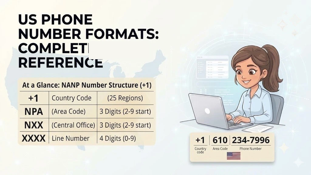 Anatomy of +1 (415) 555-0123 — country code, area code (NPA), exchange (NXX), and line number