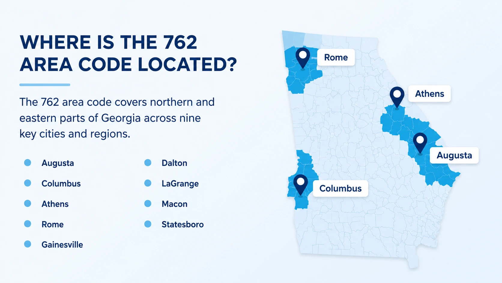 Where is the 762 area code located — northern and eastern Georgia cities