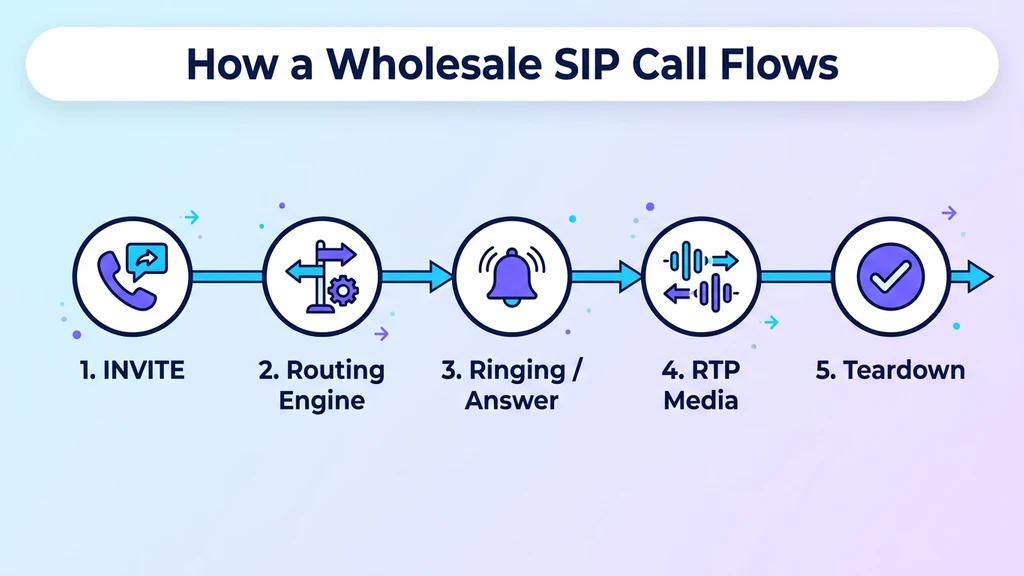 Wholesale SIP termination call flow from originating SIP trunk through the carrier's routing engine to the destination network