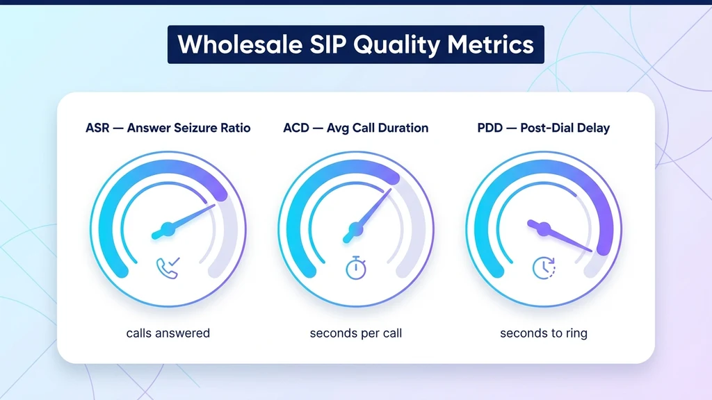 Wholesale SIP termination quality dashboard showing ASR, ACD, and PDD metrics used to grade carrier routes