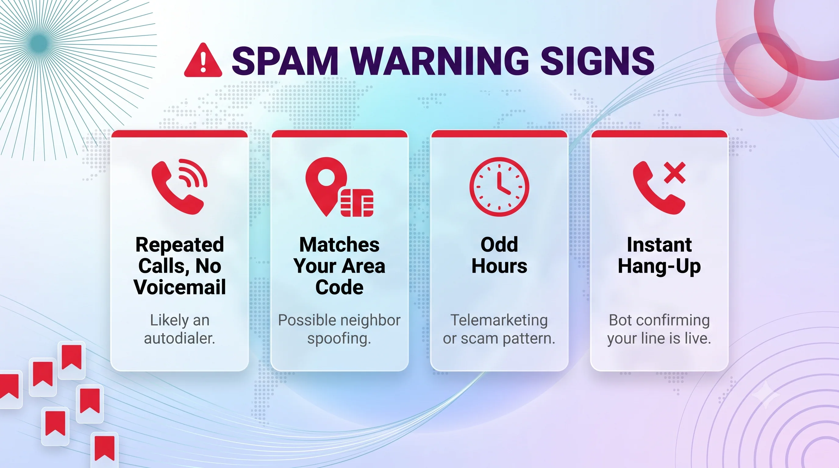 Spam warning signs: repeated calls with no voicemail, matches your area code, odd hours, and instant hang-up