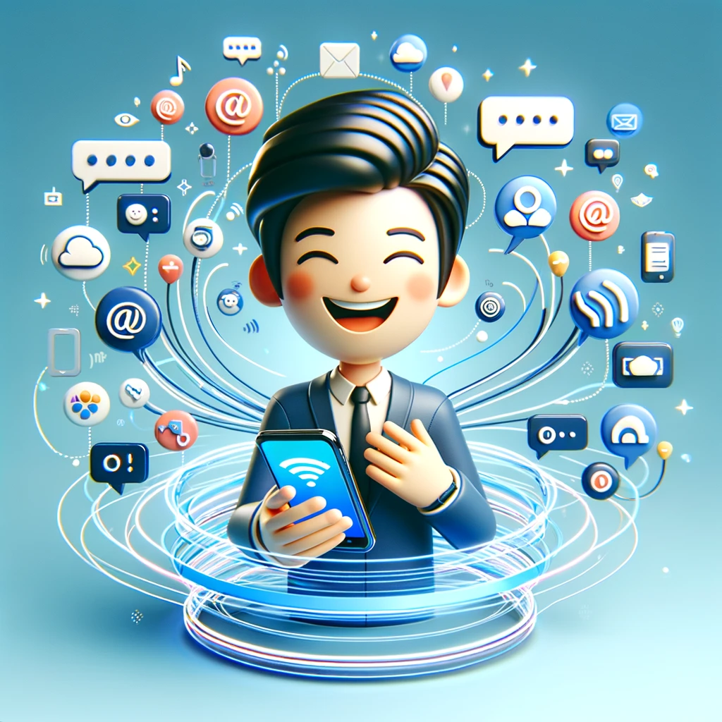 DALL·E 2024-03-01 16.03.50 - Imagine a cheerful, smiling character holding a smartphone, with digital waves emanating from it to signify connectivity. The character is modern and
