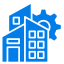 a blue and black building with a gear