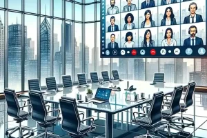 DALL·E-2023-10-28-20.53.16-Illustration-of-a-spacious-conference-room-with-panoramic-windows-showcasing-a-city-skyline.-On-the-central-glass-table-theres-a-high-tech-conferenc-1-600x600