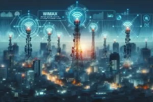 DALL·E 2023-10-31 22.16.27 - Photo of a city skyline with multiple communication towers emitting signals. Overlayed on the image is a digital interface showing the WiMAX logo and