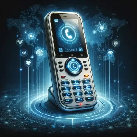 DALL·E 2023-11-01 04.05.02 - Illustration of a futuristic VoIP phone with touch screen capabilities, glowing buttons, and a wireless design. The background shows a network symbol,