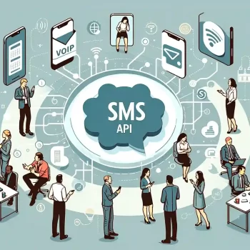 DALL·E 2023-11-14 18.15.06 - An illustration that represents the concept of an SMS API, with a diverse group of professionals in a corporate environment, collaborating around a la